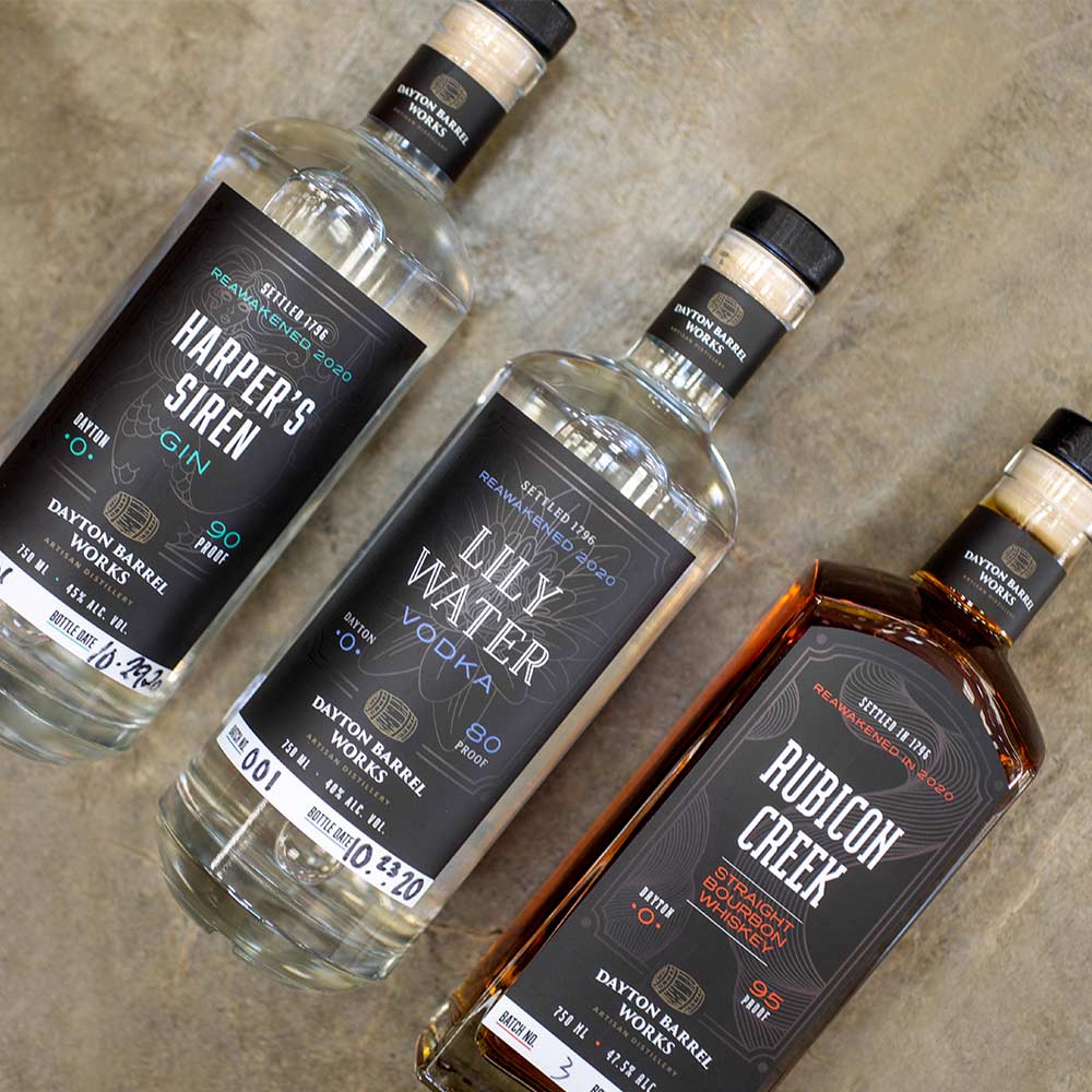 Dayton Barrel Company package design for 3 liquor bottles