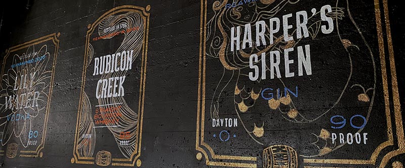 Graphic design adopted into a mural at Dayton Barrel Works
